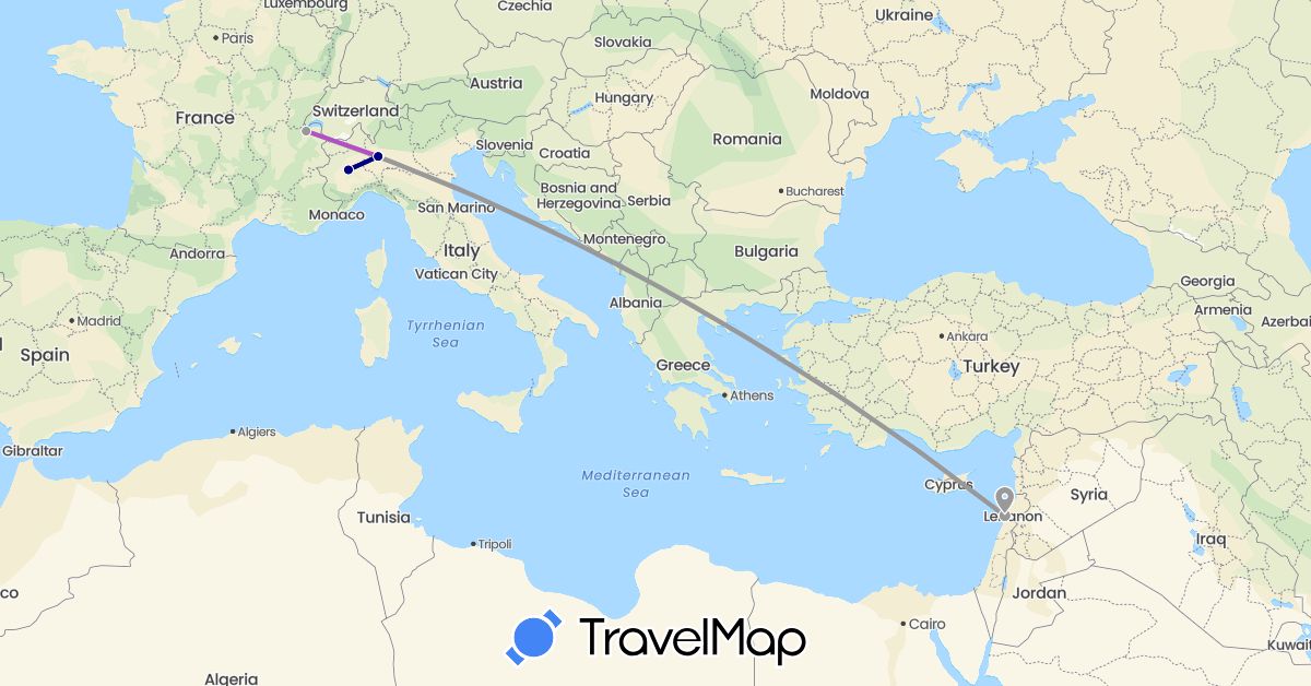 TravelMap itinerary: driving, plane, train in Switzerland, Italy, Lebanon (Asia, Europe)